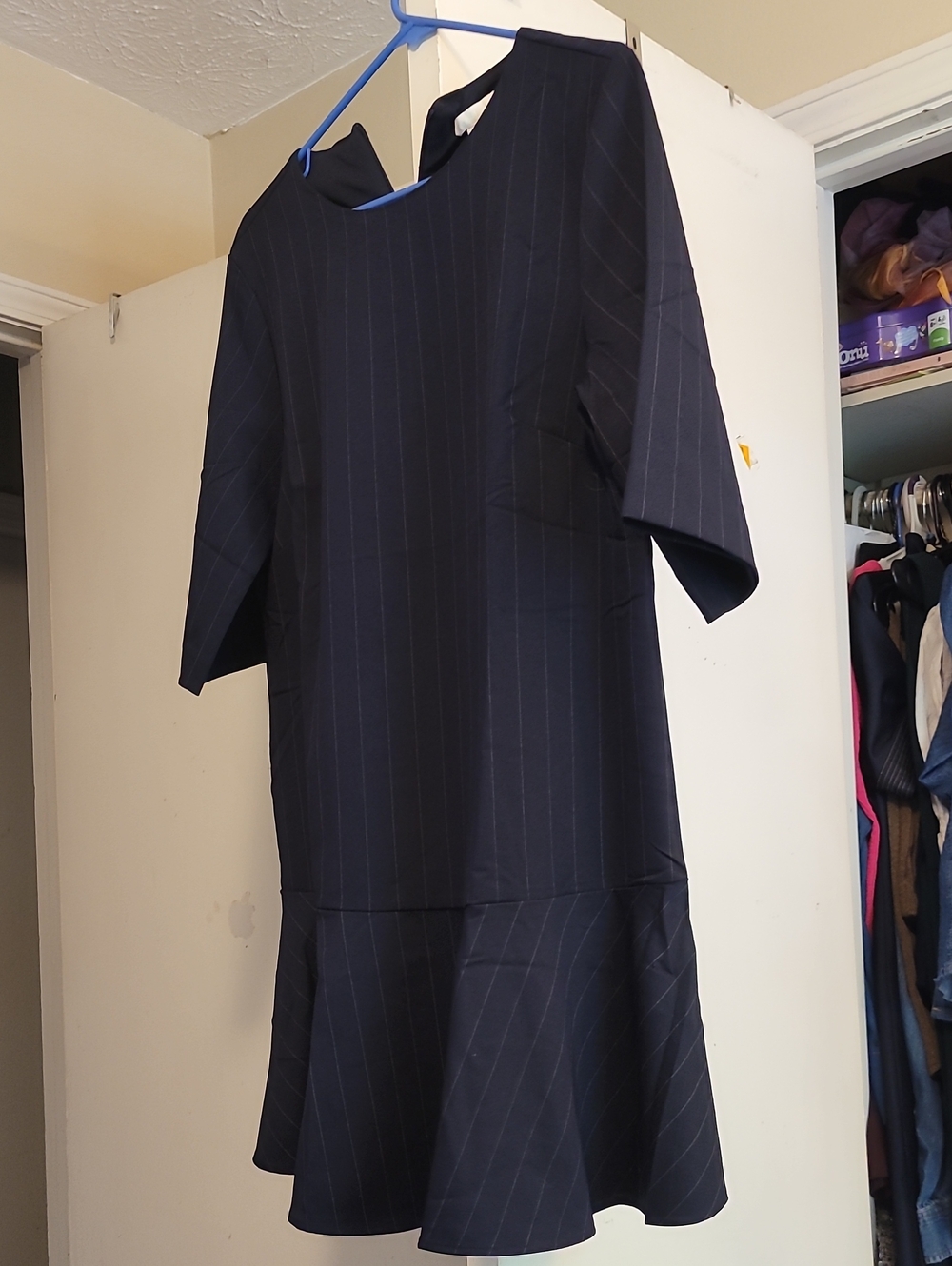 H&M Navy Pinstripe Midi Dress with Flounce Hem